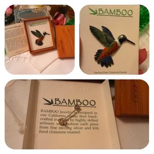 BAMBOO BY STEVE KING, STERLING SILVER CLOISONNE HUMMINGBIRD PIN IN BAMBOO BOX